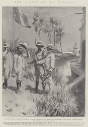 La situazione a Fashoda, il primo sbarco a Fashoda, in attesa del Sirdar, Lord Edward Cecil introduce il capitano Keppel, del Sultan, al maggiore Marchand